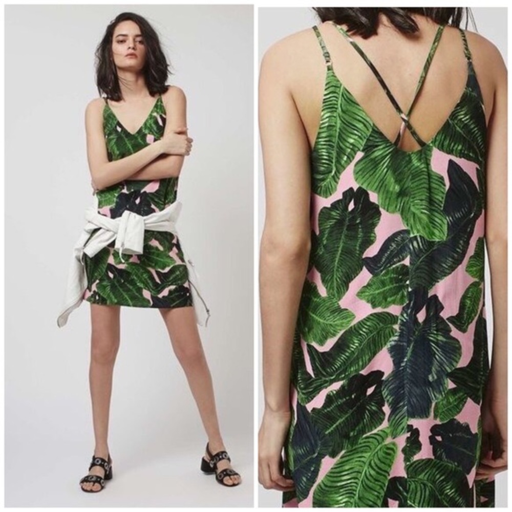 Palm Print Cross-Back Slip Dress